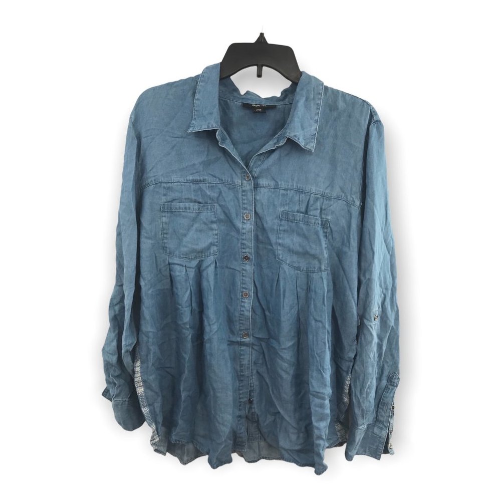 ^ Style & Co Women's Large Printed Back Denim Style Shirt Windowpane Blue Plai…